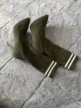 Women’s Olive Knit Sock Boot with Striped Cuff